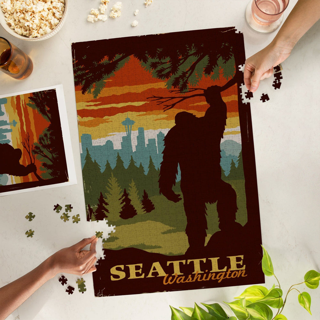 Seattle Skyline, Bigfoot, WPA Style, Jigsaw Puzzle Puzzle Lantern Press 