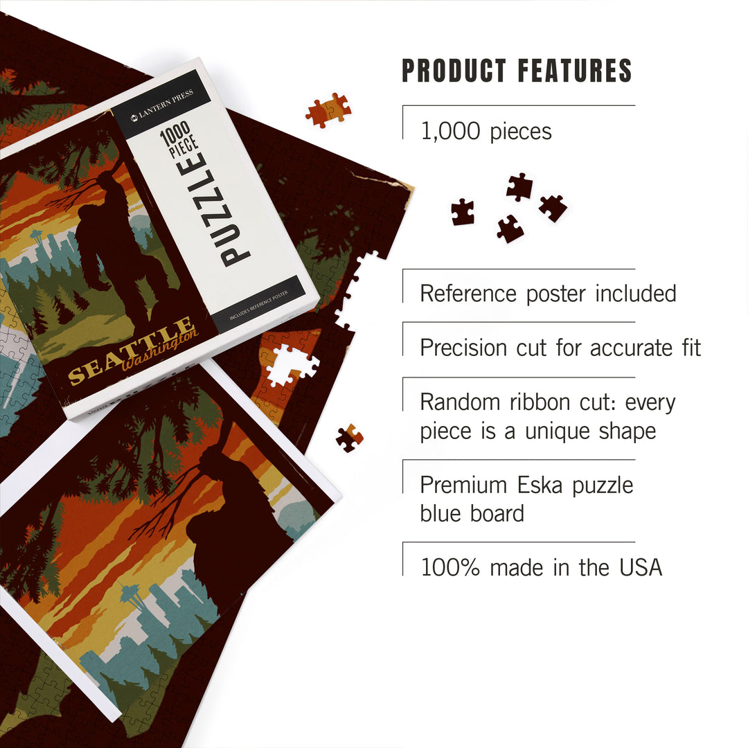 Seattle Skyline, Bigfoot, WPA Style, Jigsaw Puzzle Puzzle Lantern Press 