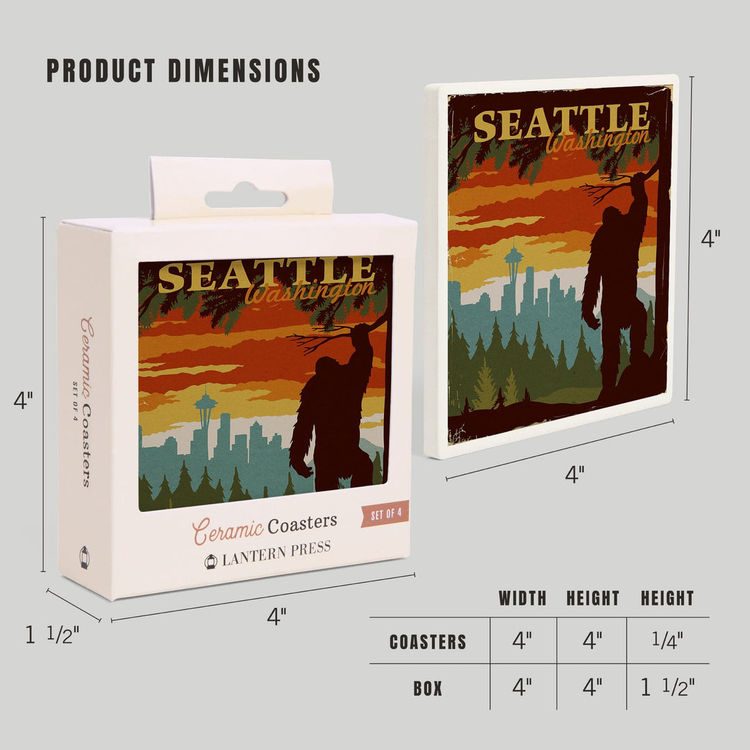 Seattle Skyline, Bigfoot, WPA Style, Lantern Press Artwork, Coaster Set Coasters Lantern Press 