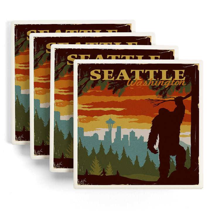 Seattle Skyline, Bigfoot, WPA Style, Lantern Press Artwork, Coaster Set Coasters Lantern Press 