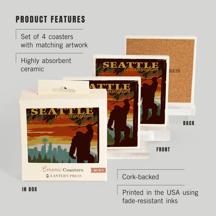 Seattle Skyline, Bigfoot, WPA Style, Lantern Press Artwork, Coaster Set Coasters Lantern Press 