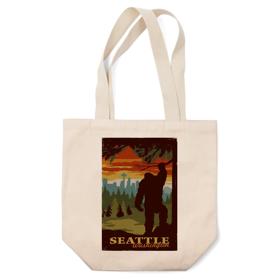 Seattle Skyline, Bigfoot, WPA Style, Lantern Press Artwork, Tote Bag Totes Lantern Press 