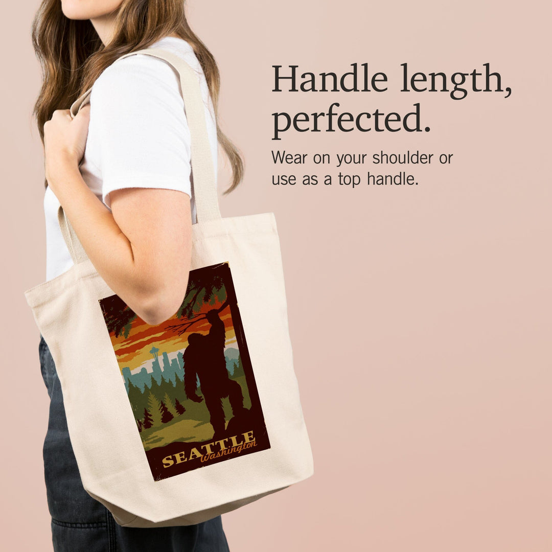 Seattle Skyline, Bigfoot, WPA Style, Lantern Press Artwork, Tote Bag Totes Lantern Press 