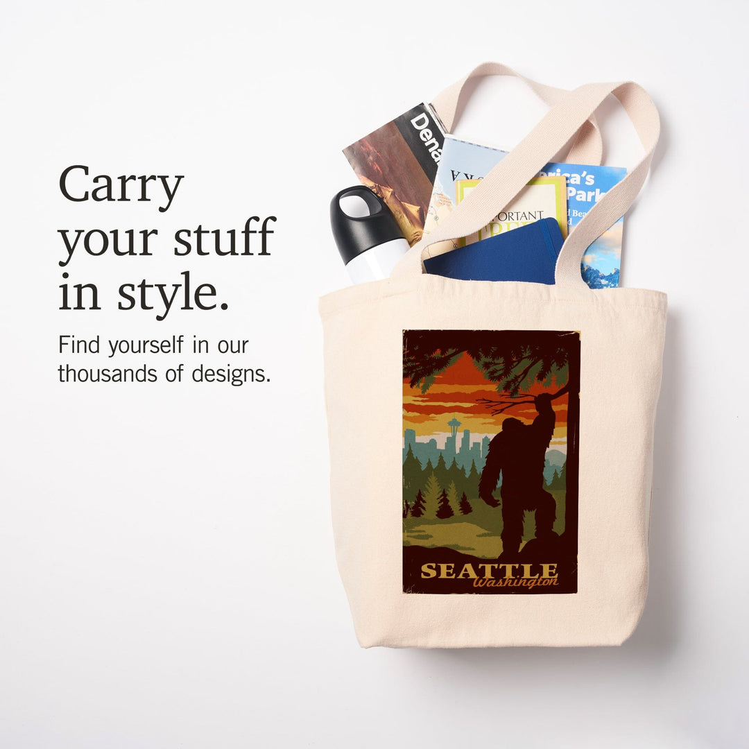 Seattle Skyline, Bigfoot, WPA Style, Lantern Press Artwork, Tote Bag Totes Lantern Press 