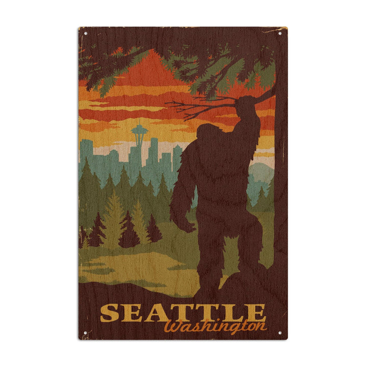 Seattle Skyline, Bigfoot, WPA Style, Lantern Press Artwork, Wood Signs and Postcards Wood Lantern Press 10 x 15 Wood Sign 