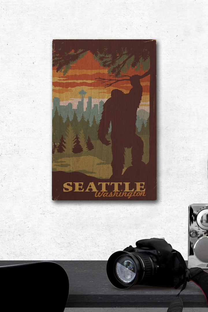 Seattle Skyline, Bigfoot, WPA Style, Lantern Press Artwork, Wood Signs and Postcards Wood Lantern Press 12 x 18 Wood Gallery Print 