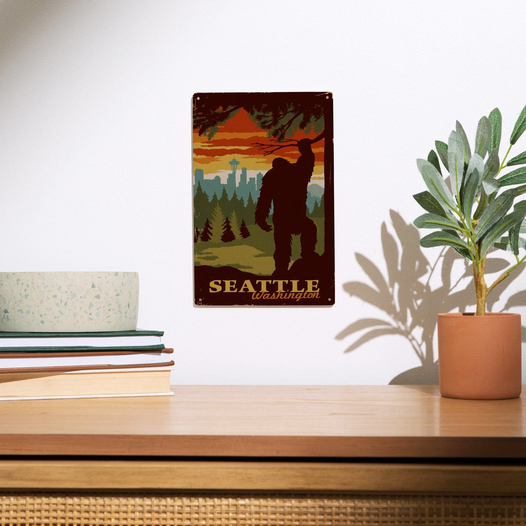 Seattle Skyline, Bigfoot, WPA Style, Lantern Press Artwork, Wood Signs and Postcards Wood Lantern Press 