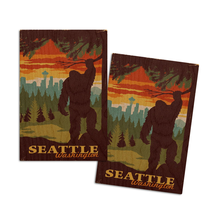 Seattle Skyline, Bigfoot, WPA Style, Lantern Press Artwork, Wood Signs and Postcards Wood Lantern Press 4x6 Wood Postcard Set 