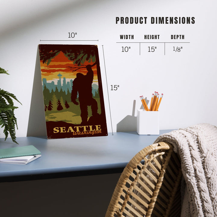 Seattle Skyline, Bigfoot, WPA Style, Lantern Press Artwork, Wood Signs and Postcards Wood Lantern Press 