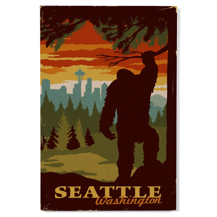 Seattle Skyline, Bigfoot, WPA Style, Lantern Press Artwork, Wood Signs and Postcards Wood Lantern Press 