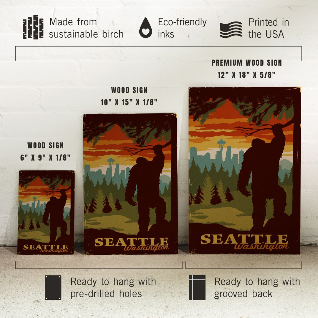 Seattle Skyline, Bigfoot, WPA Style, Lantern Press Artwork, Wood Signs and Postcards Wood Lantern Press 