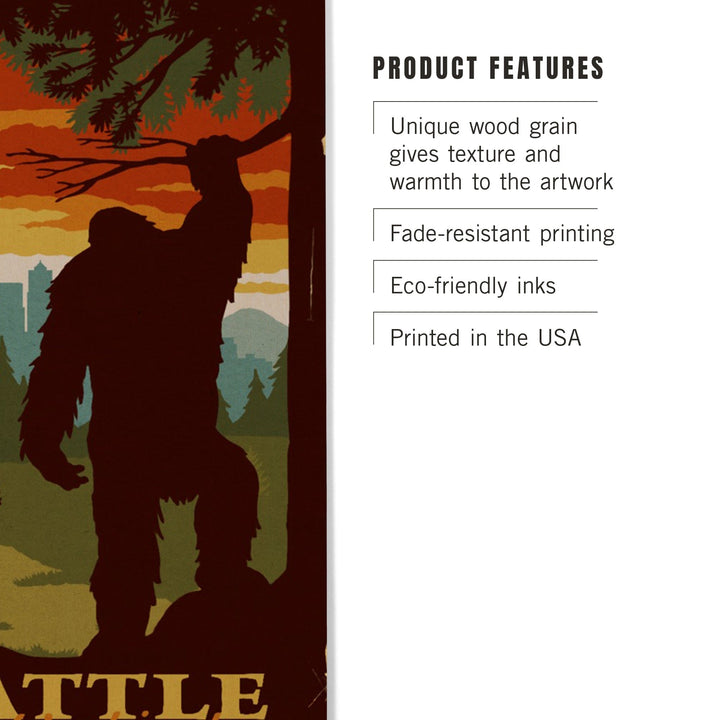 Seattle Skyline, Bigfoot, WPA Style, Lantern Press Artwork, Wood Signs and Postcards Wood Lantern Press 