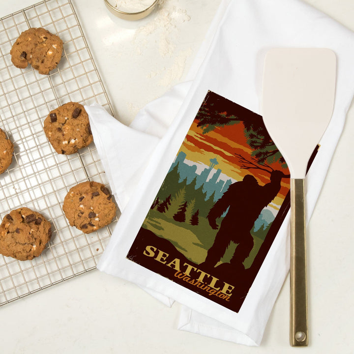 Seattle Skyline, Bigfoot, WPA Style, Organic Cotton Kitchen Tea Towels Kitchen Lantern Press 