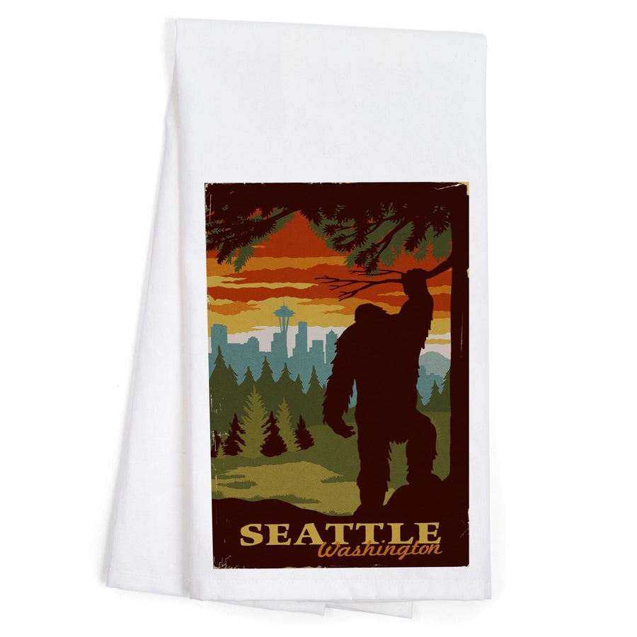 Seattle Skyline, Bigfoot, WPA Style, Organic Cotton Kitchen Tea Towels Kitchen Lantern Press 