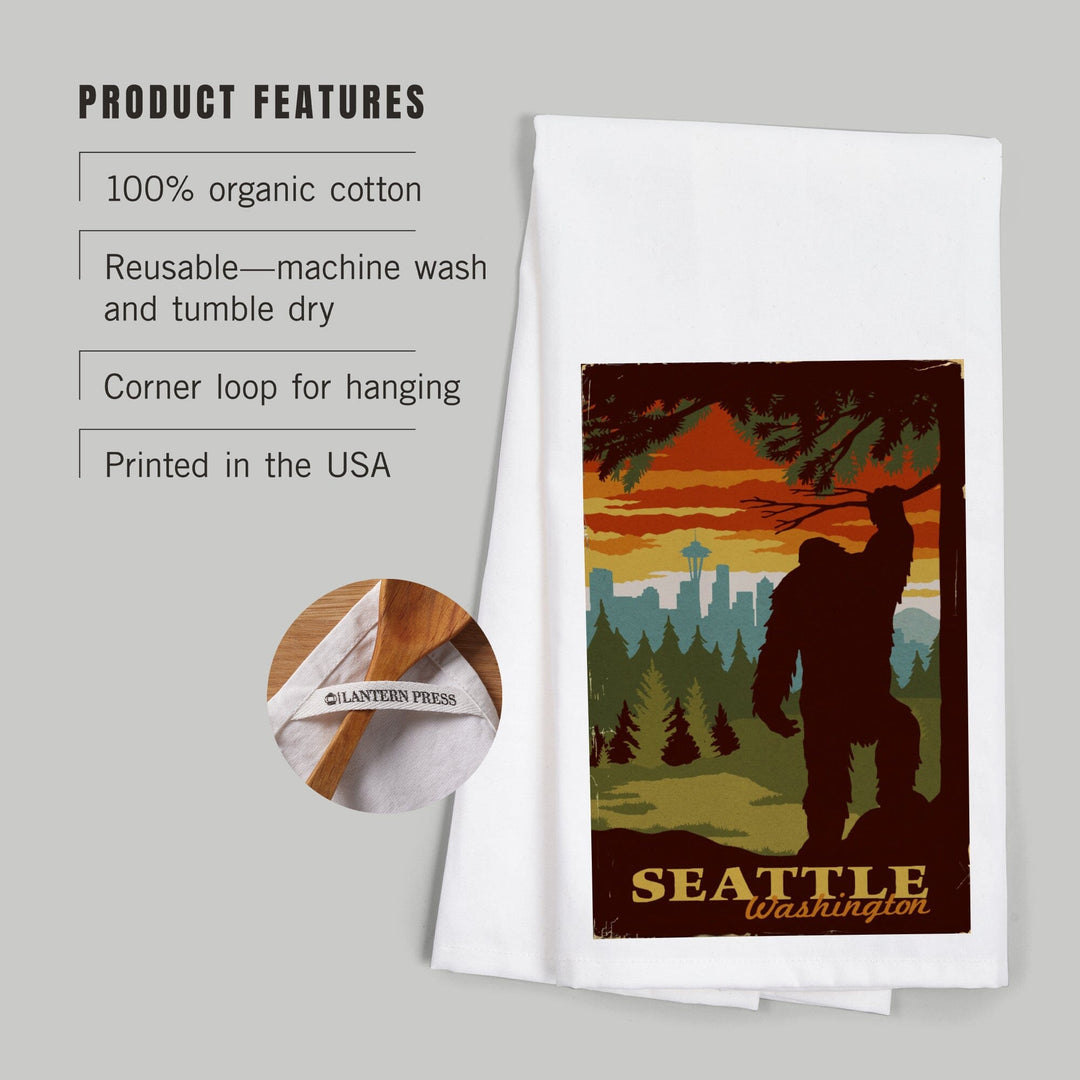 Seattle Skyline, Bigfoot, WPA Style, Organic Cotton Kitchen Tea Towels Kitchen Lantern Press 