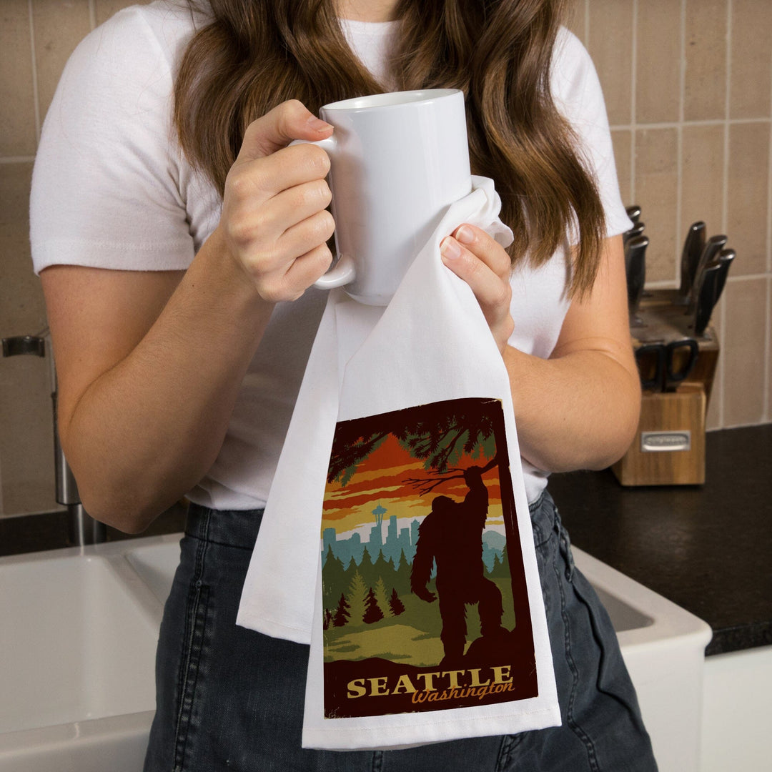 Seattle Skyline, Bigfoot, WPA Style, Organic Cotton Kitchen Tea Towels Kitchen Lantern Press 