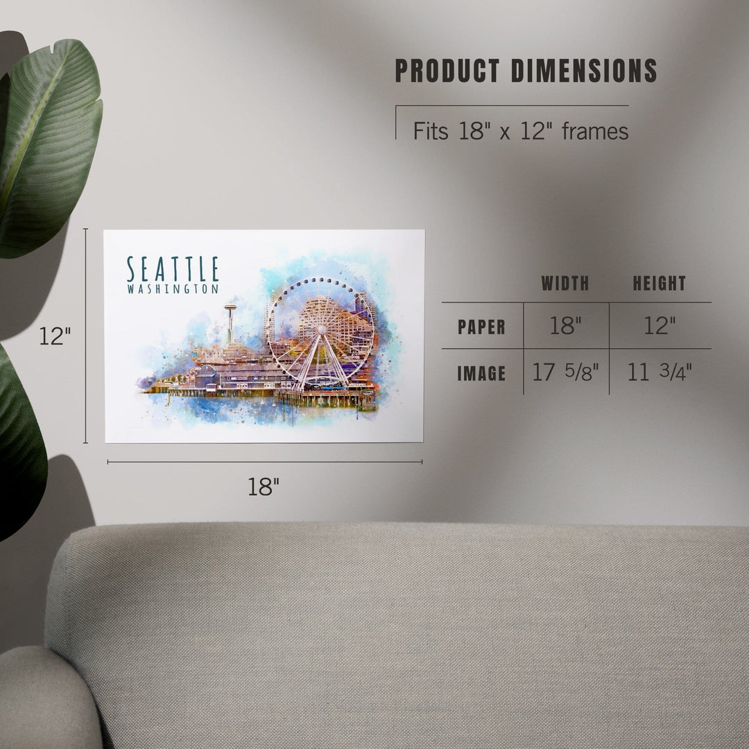 Seattle Skyline, Ferris Wheel, Watercolor, Art & Giclee Prints Art Lantern Press 