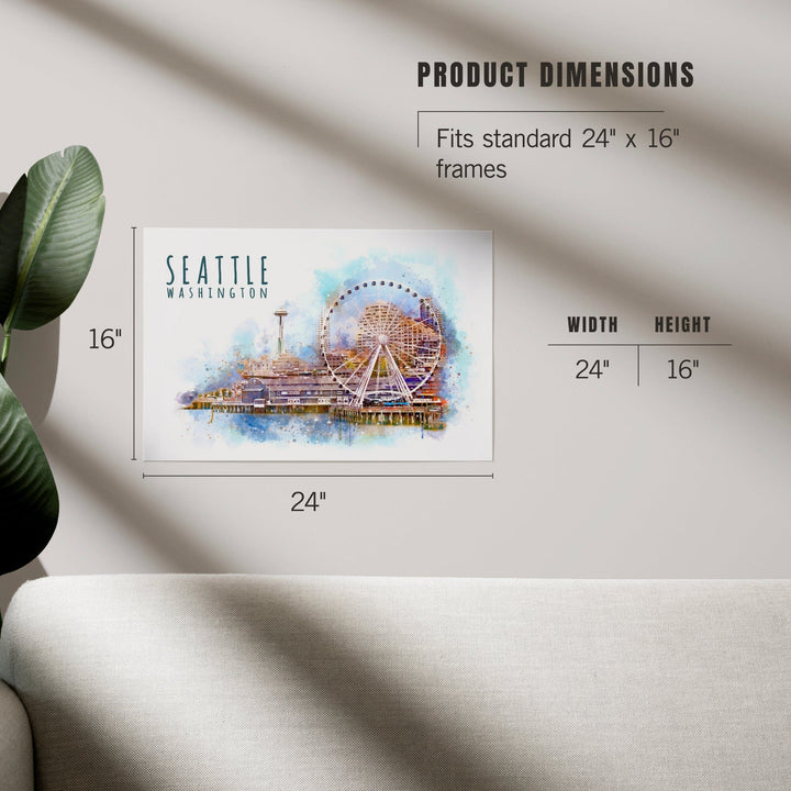 Seattle Skyline, Ferris Wheel, Watercolor, Art & Giclee Prints Art Lantern Press 