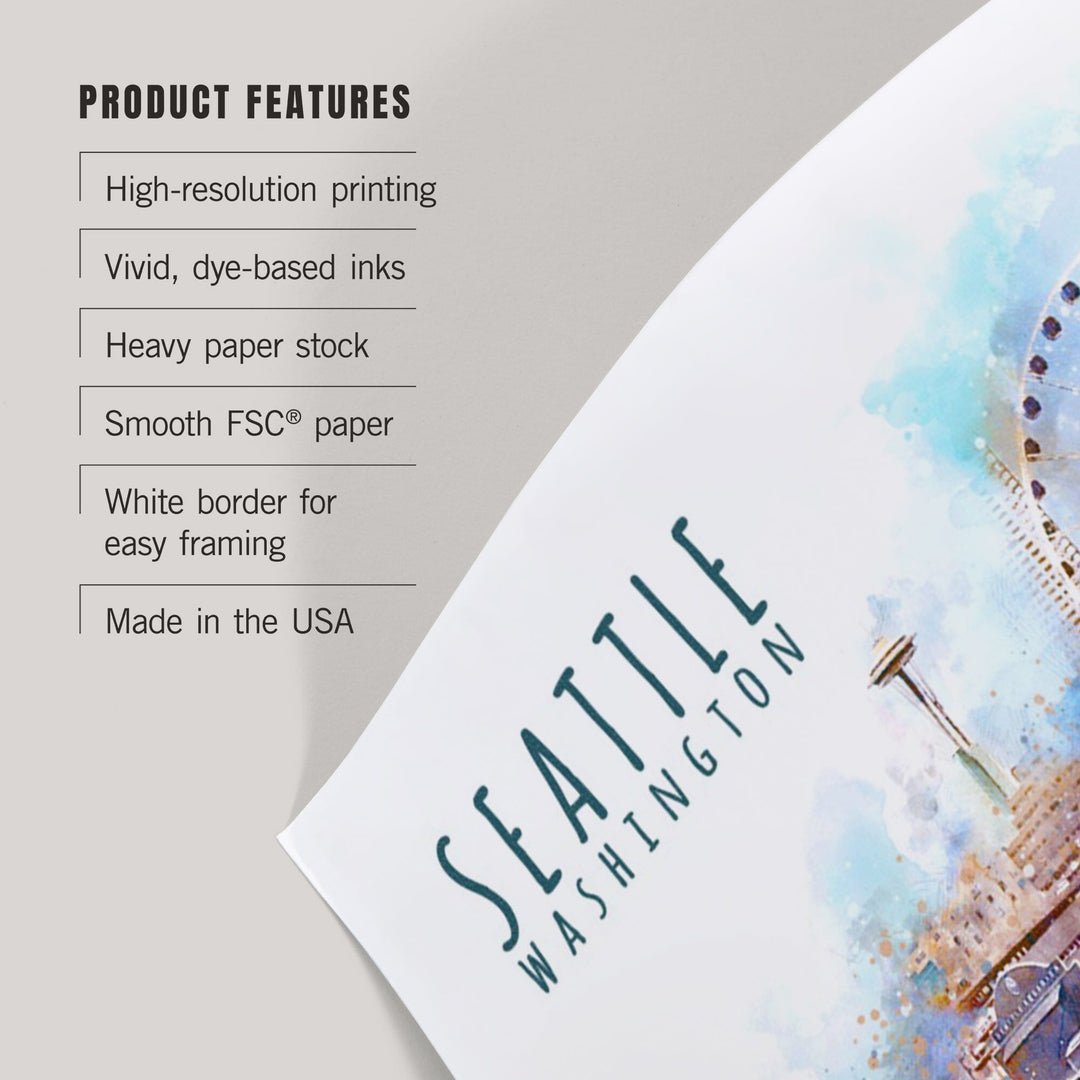 Seattle Skyline, Ferris Wheel, Watercolor, Art & Giclee Prints Art Lantern Press 