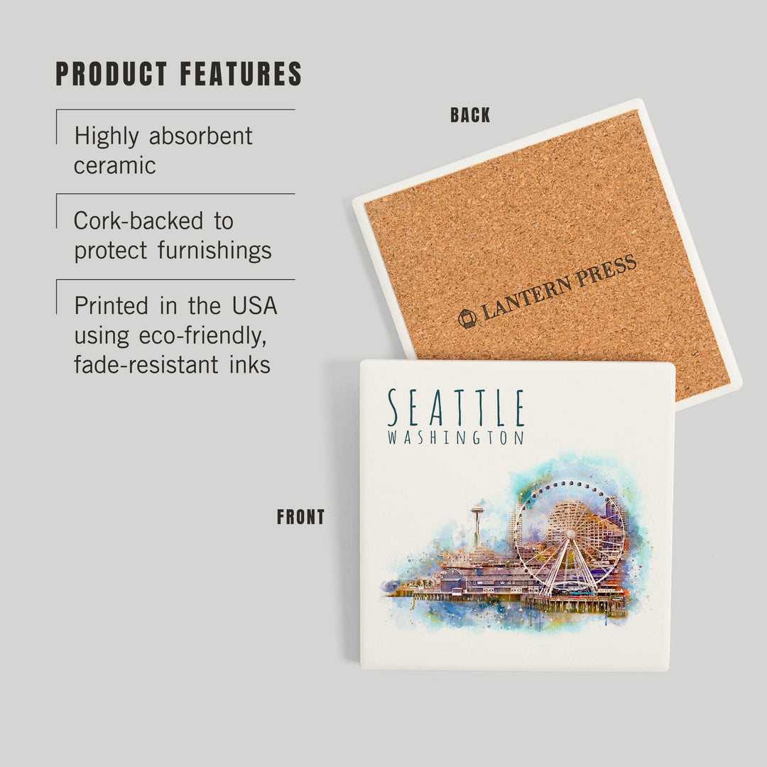 Seattle Skyline, Ferris Wheel, Watercolor, Coasters Coasters Lantern Press 