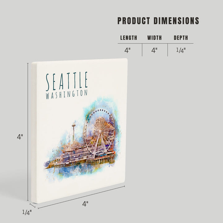 Seattle Skyline, Ferris Wheel, Watercolor, Coasters Coasters Lantern Press 