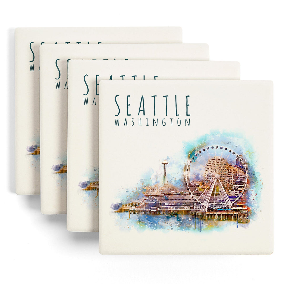 Seattle Skyline, Ferris Wheel, Watercolor, Coasters Coasters Lantern Press 