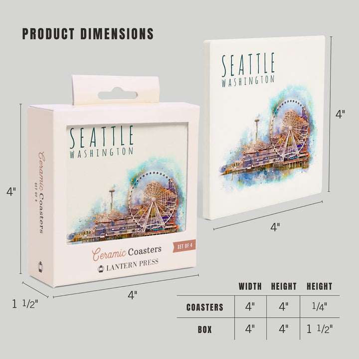 Seattle Skyline, Ferris Wheel, Watercolor, Coasters Coasters Lantern Press 
