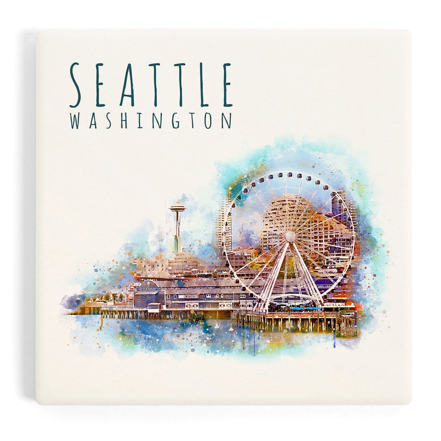 Seattle Skyline, Ferris Wheel, Watercolor, Coasters Coasters Lantern Press 