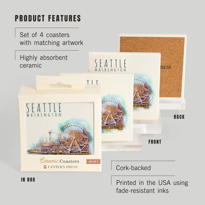Seattle Skyline, Ferris Wheel, Watercolor, Coasters Coasters Lantern Press 