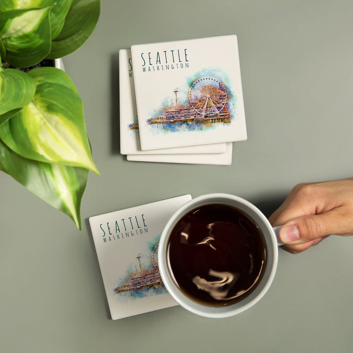 Seattle Skyline, Ferris Wheel, Watercolor, Coasters Coasters Lantern Press 