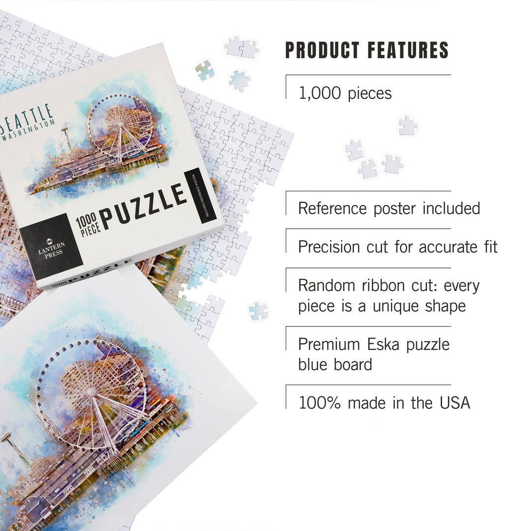 Seattle Skyline, Ferris Wheel, Watercolor, Jigsaw Puzzle Puzzle Lantern Press 