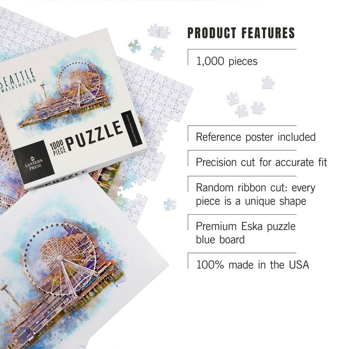 Seattle Skyline, Ferris Wheel, Watercolor, Jigsaw Puzzle Puzzle Lantern Press 