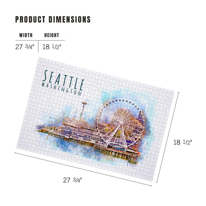 Seattle Skyline, Ferris Wheel, Watercolor, Jigsaw Puzzle Puzzle Lantern Press 