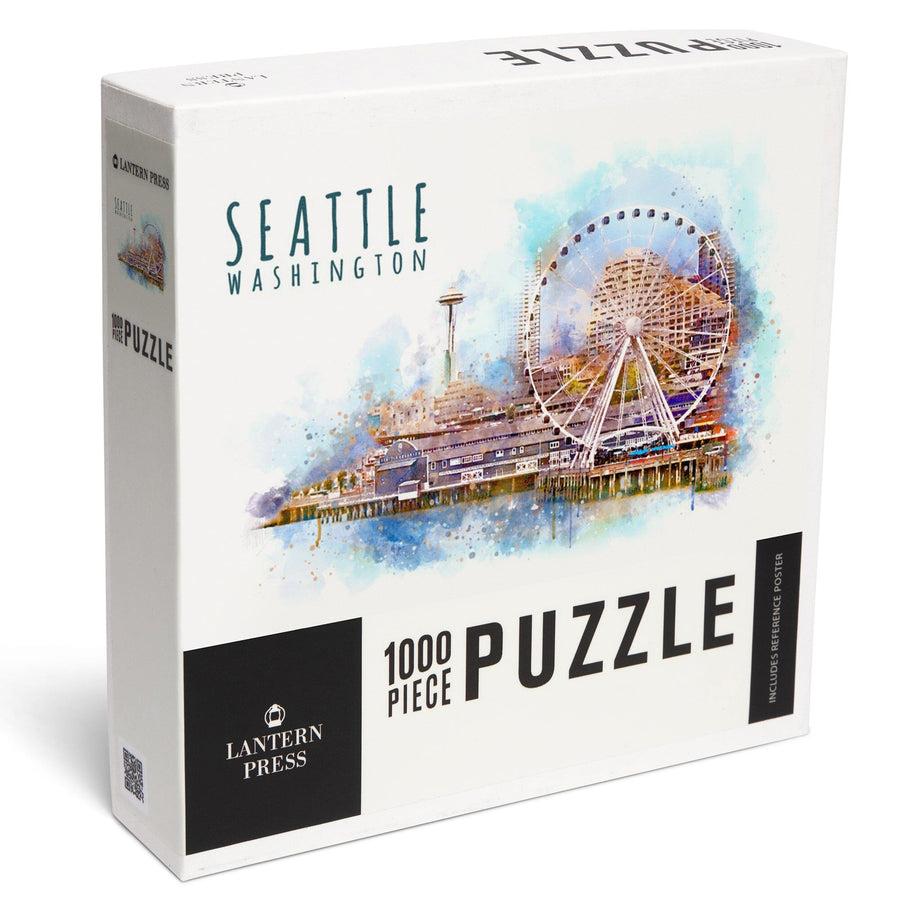 Seattle Skyline, Ferris Wheel, Watercolor, Jigsaw Puzzle Puzzle Lantern Press 