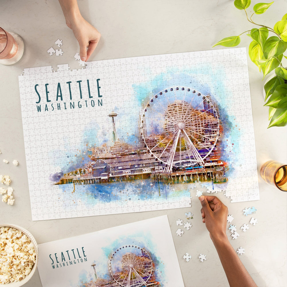 Seattle Skyline, Ferris Wheel, Watercolor, Jigsaw Puzzle Puzzle Lantern Press 