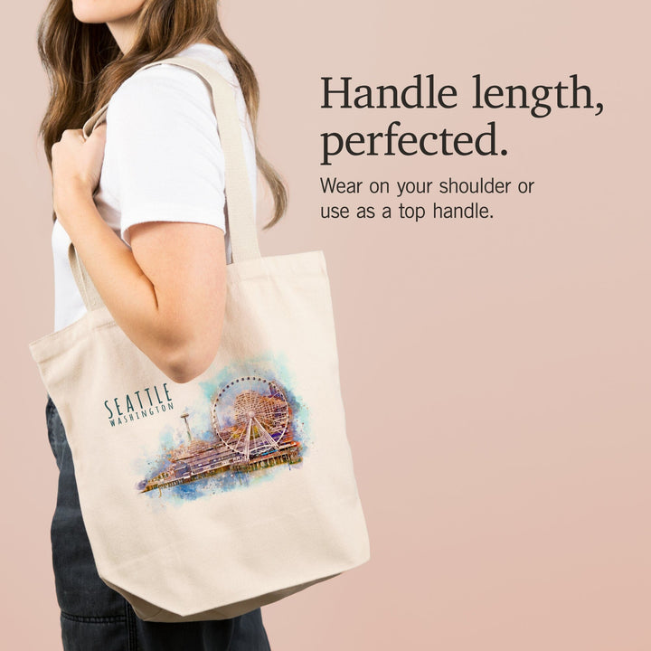 Seattle Skyline, Ferris Wheel, Watercolor, Tote Bag Totes Lantern Press 