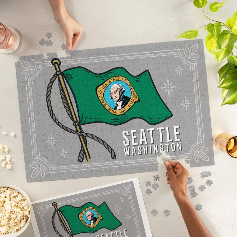 Seattle, WA, Waving State Flag, State Series, Jigsaw Puzzle Puzzle Lantern Press 