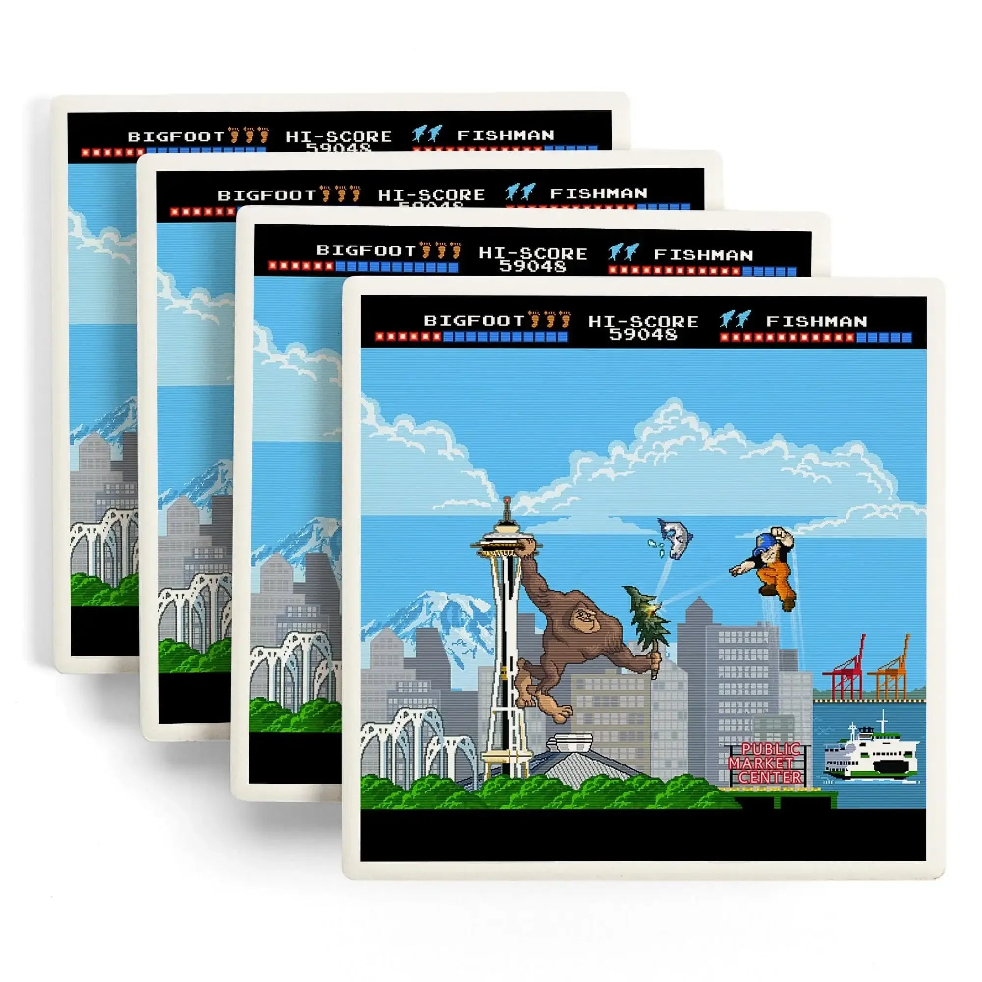 Seattle, Washington, 8-Bit Retro Video Game ceramic coaster set