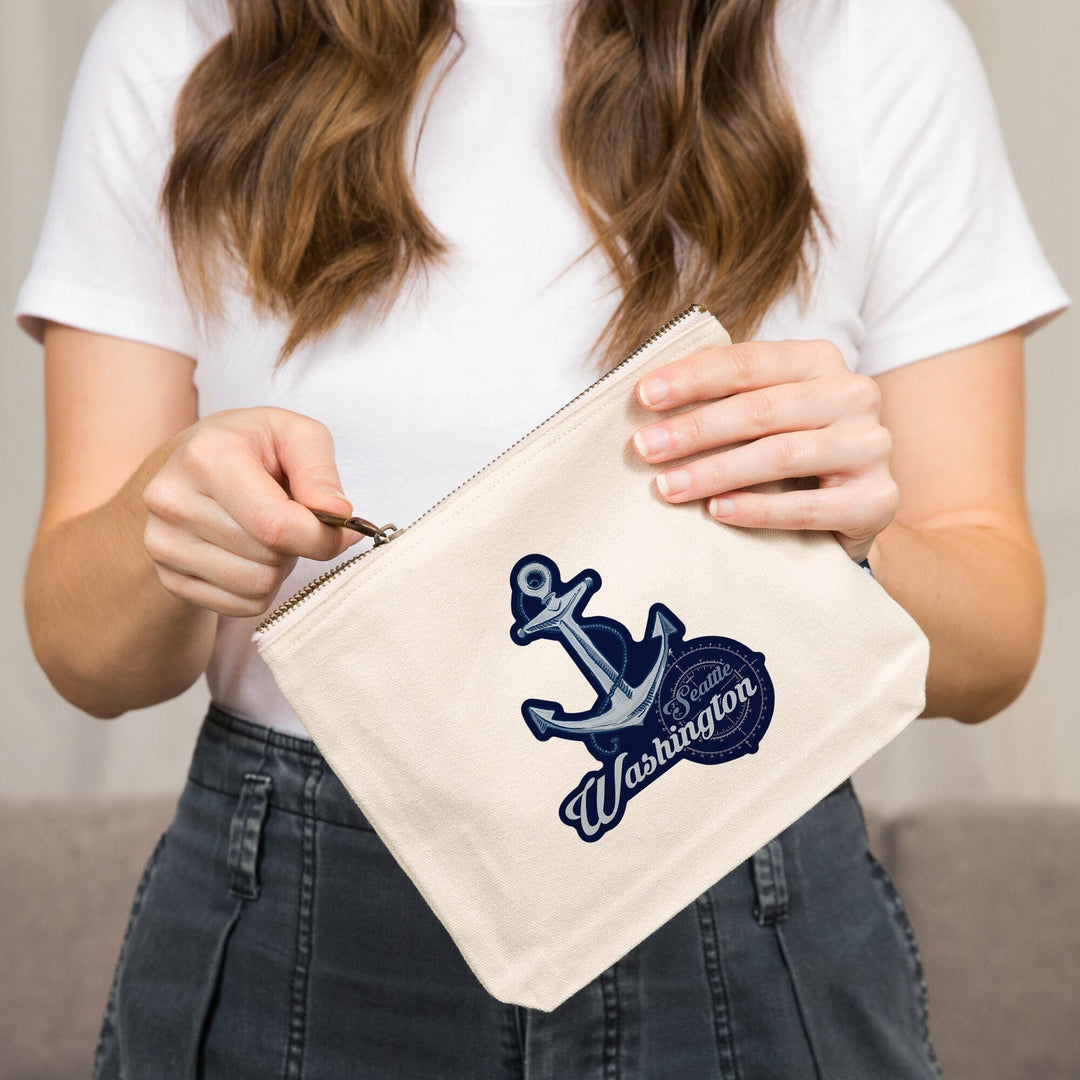 Seattle, Washington, Anchor, Coastal Icon,, Organic Cotton Zipper Pouch, Go Bag Go Bag Lantern Press 