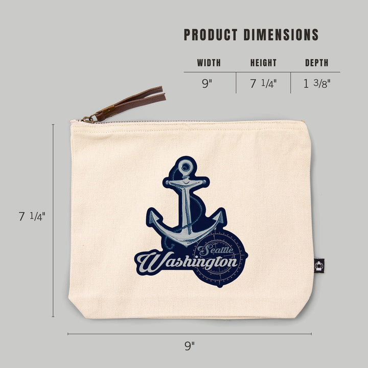 Seattle, Washington, Anchor, Coastal Icon,, Organic Cotton Zipper Pouch, Go Bag Go Bag Lantern Press 