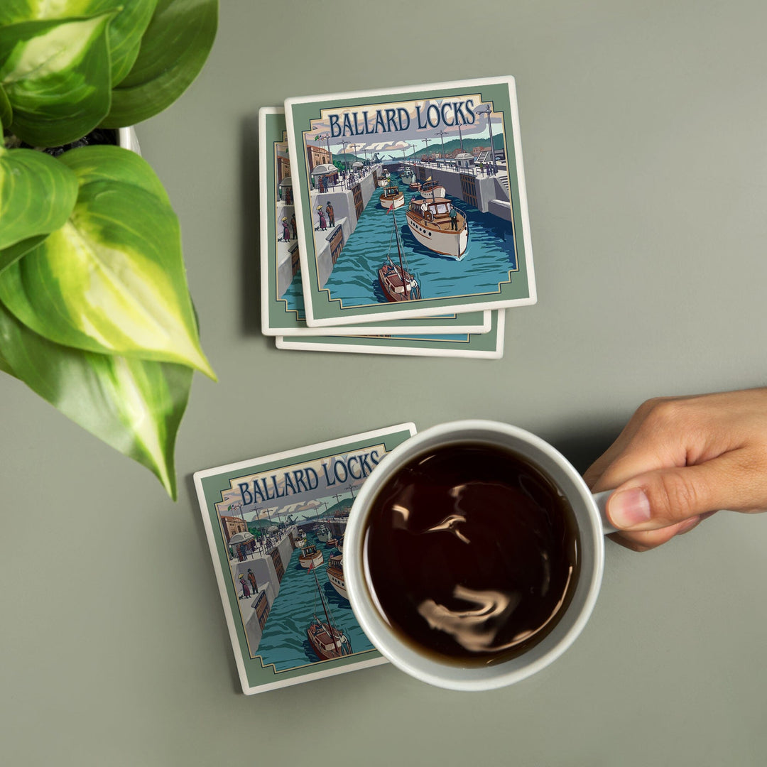 Seattle, Washington, Ballard Locks, Lantern Press Artwork, Coaster Set Coasters Lantern Press 