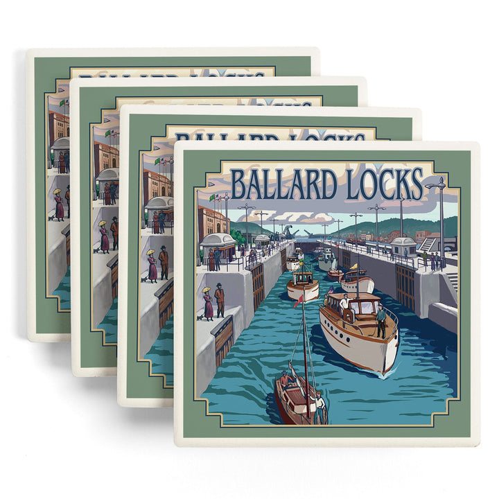 Seattle, Washington, Ballard Locks, Lantern Press Artwork, Coaster Set Coasters Lantern Press 