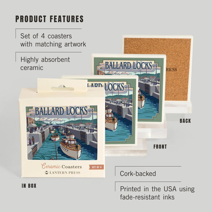 Seattle, Washington, Ballard Locks, Lantern Press Artwork, Coaster Set Coasters Lantern Press 