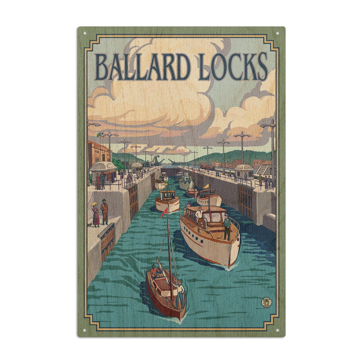 Seattle, Washington, Ballard Locks, Lantern Press Artwork, Wood Signs and Postcards Wood Lantern Press 6x9 Wood Sign 
