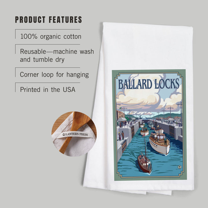 Seattle, Washington, Ballard Locks, Organic Cotton Kitchen Tea Towels Kitchen Lantern Press 