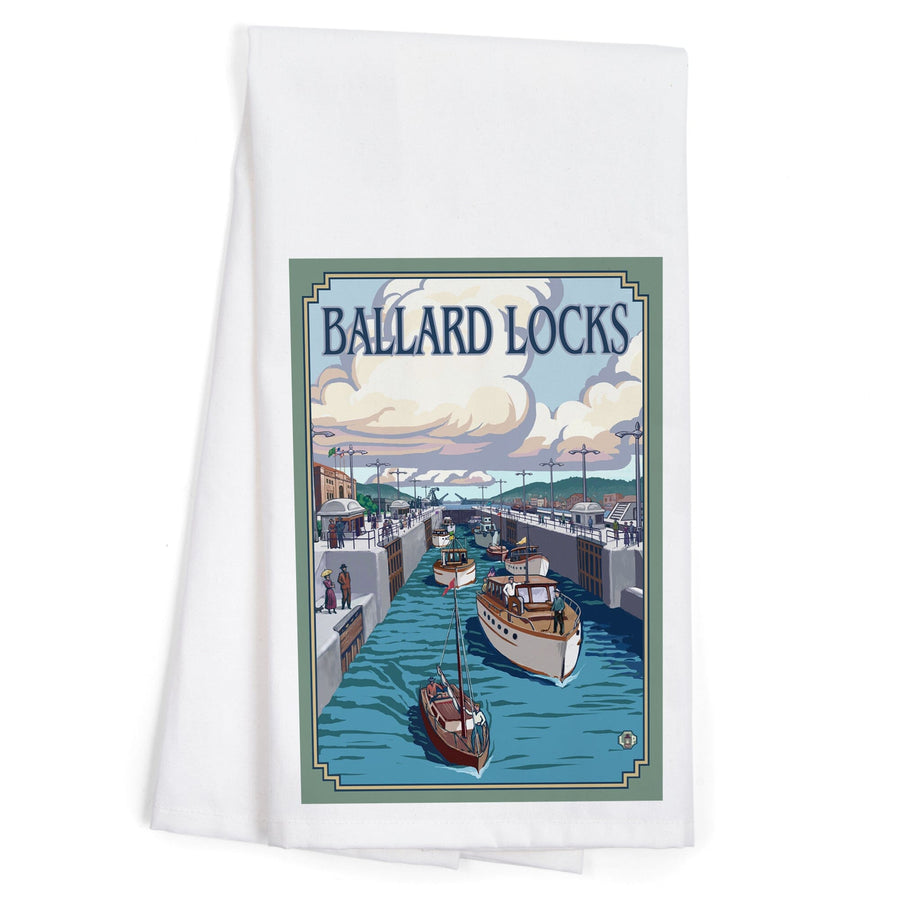 Seattle, Washington, Ballard Locks, Organic Cotton Kitchen Tea Towels Kitchen Lantern Press 