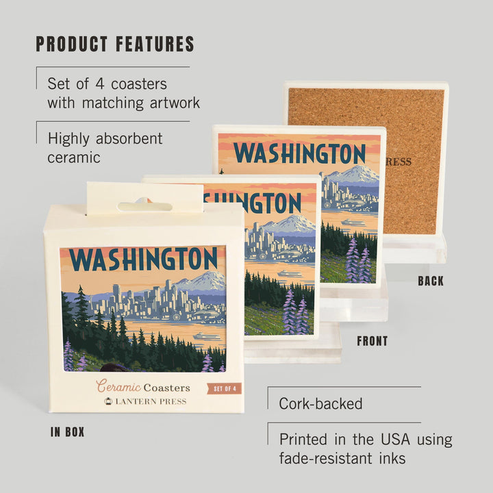 Seattle, Washington, Bear and Spring Flowers, Coasters Coasters Lantern Press 