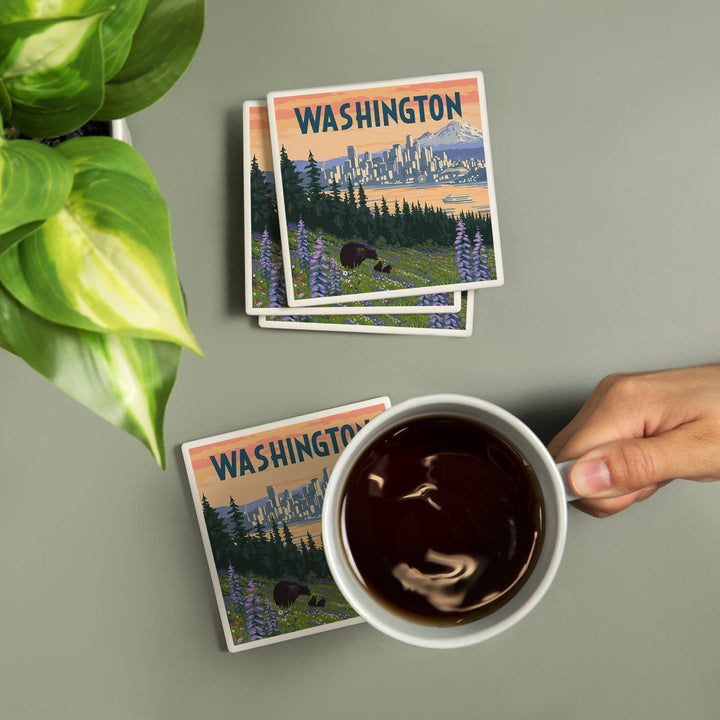 Seattle, Washington, Bear and Spring Flowers, Coasters Coasters Lantern Press 