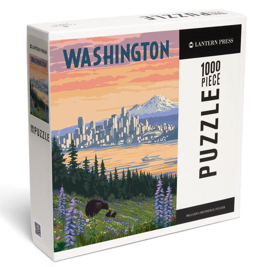 Seattle, Washington, Bear and Spring Flowers, Jigsaw Puzzle Puzzle Lantern Press 