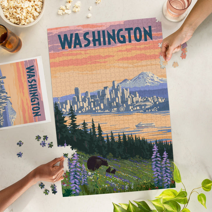 Seattle, Washington, Bear and Spring Flowers, Jigsaw Puzzle Puzzle Lantern Press 